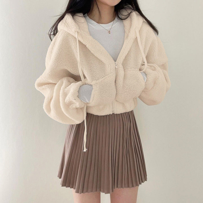 Women's Short Winter Jacket in Lambswool with High Collar