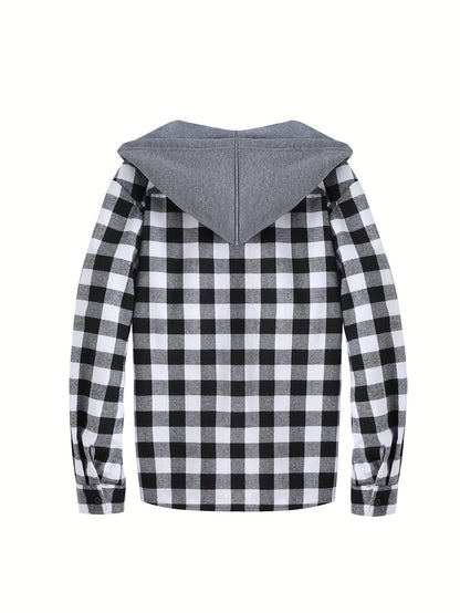 Men's Autumn Flannel Shirt-Jacket with Hood and Checkered Pattern