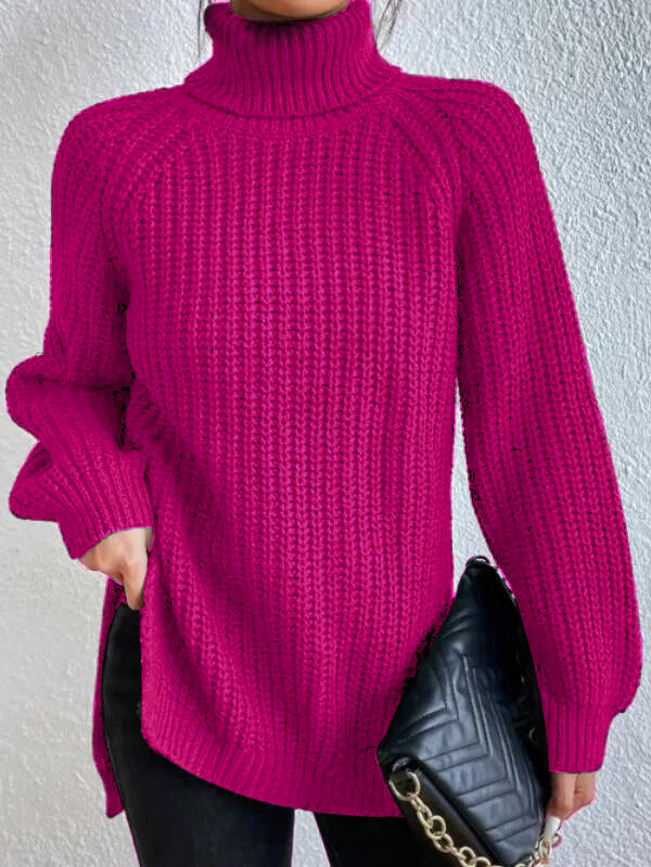Maglione Donna con Collo Alto, Maniche Raglan e Spacco Laterale – Stile Versatile