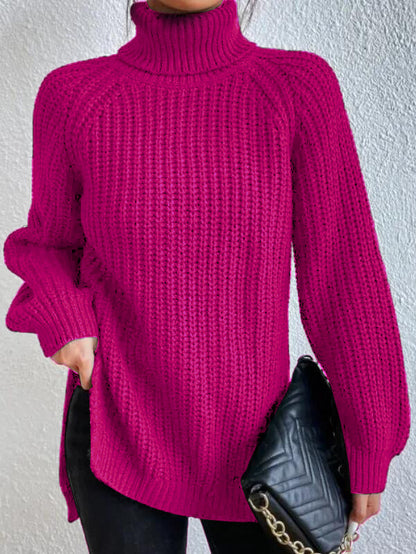 Maglione Donna con Collo Alto, Maniche Raglan e Spacco Laterale – Stile Versatile