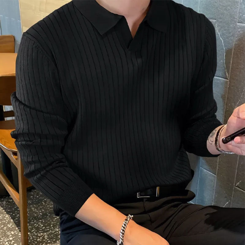 Ribbet poloshirt til mænd med reverskrave og lange ærmer