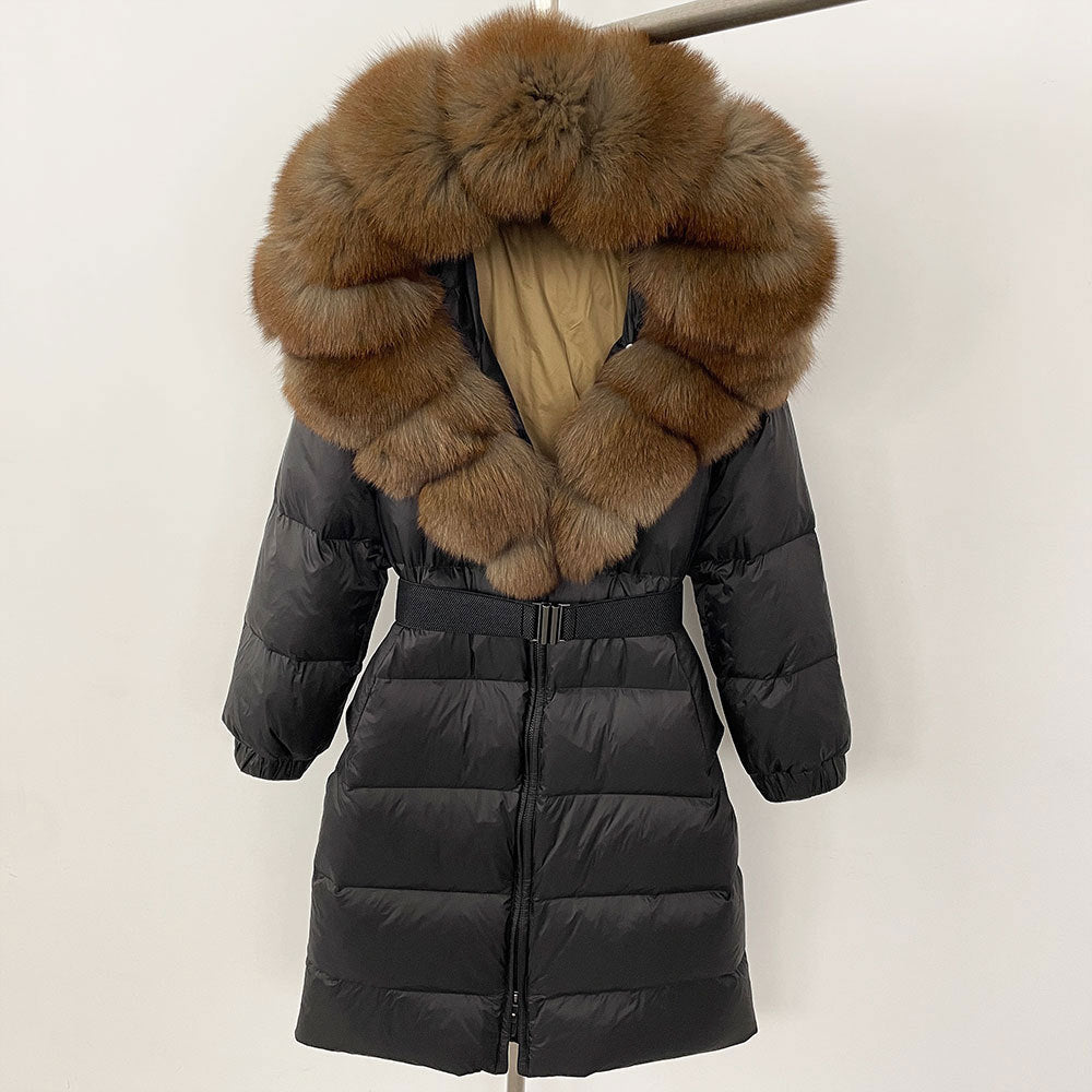 Women's Winter Coat with Long Hood and Removable Fur Collar