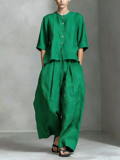 Two-Piece Women's Set in Cotton and Linen Shirt Style and Wide-Fit Long Pants