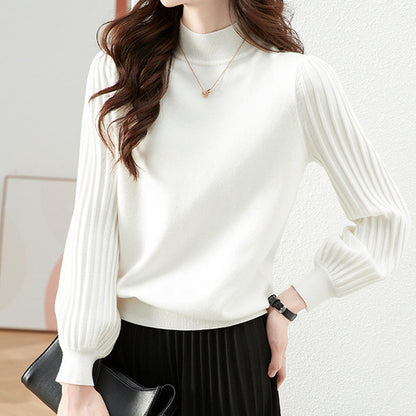 Women's Half-High Sweater with Long Sleeves and Striped Texture