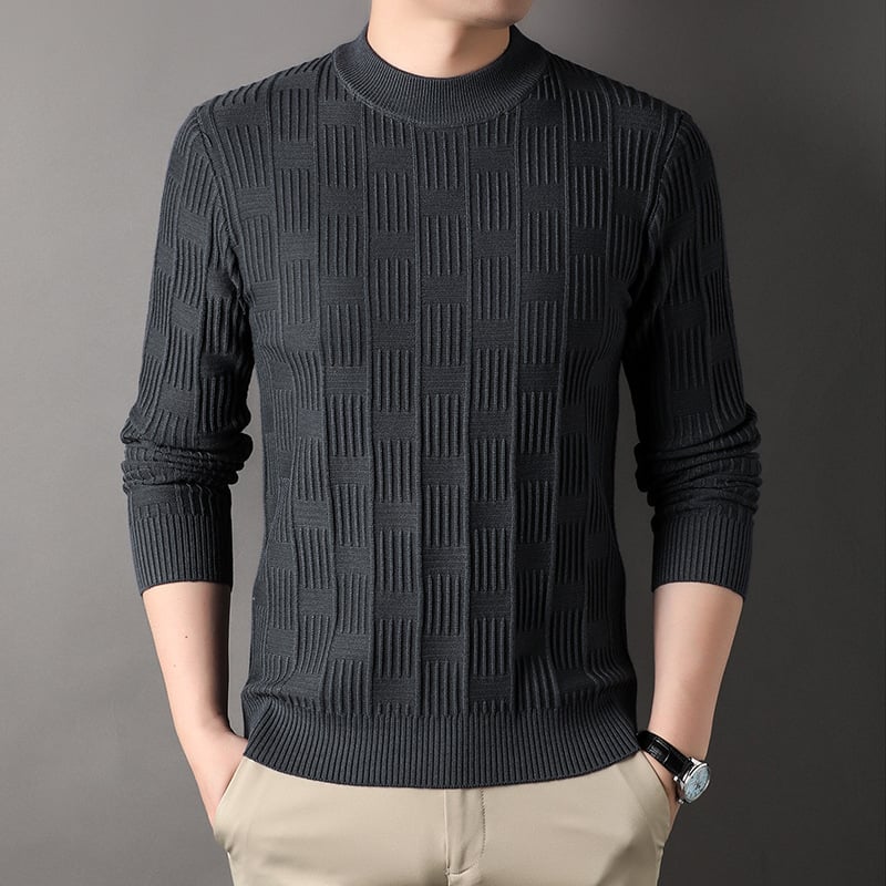 Men's Pullover Sweater with Crew Neck and Scottish Jacquard Pattern