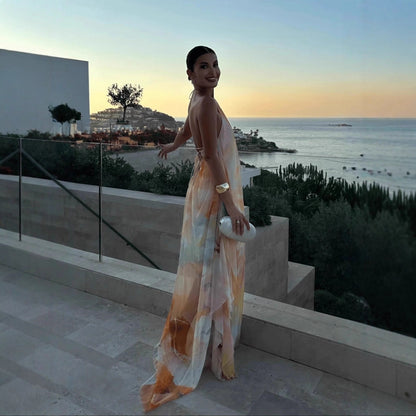 Women's Printed Summer Maxi Dress with Halter Neck and Open Back – Loose Summer Dress