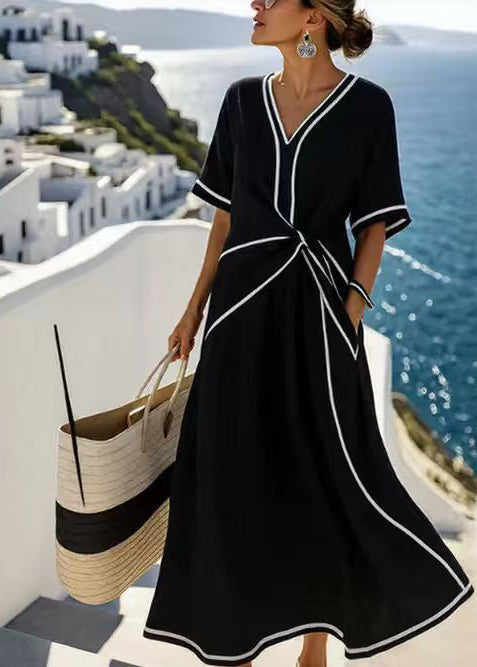 Abito Maxi Estivo da Donna a Righe con Maniche Corte per Spiaggia e Vacanza
