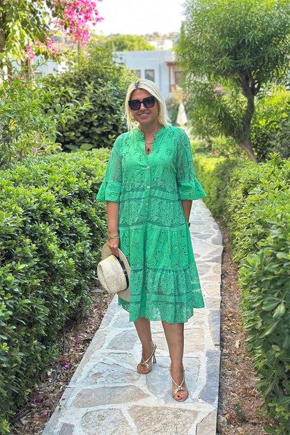 Women's Dress with Three-Quarter Sleeves, Front Buttons, A-Line