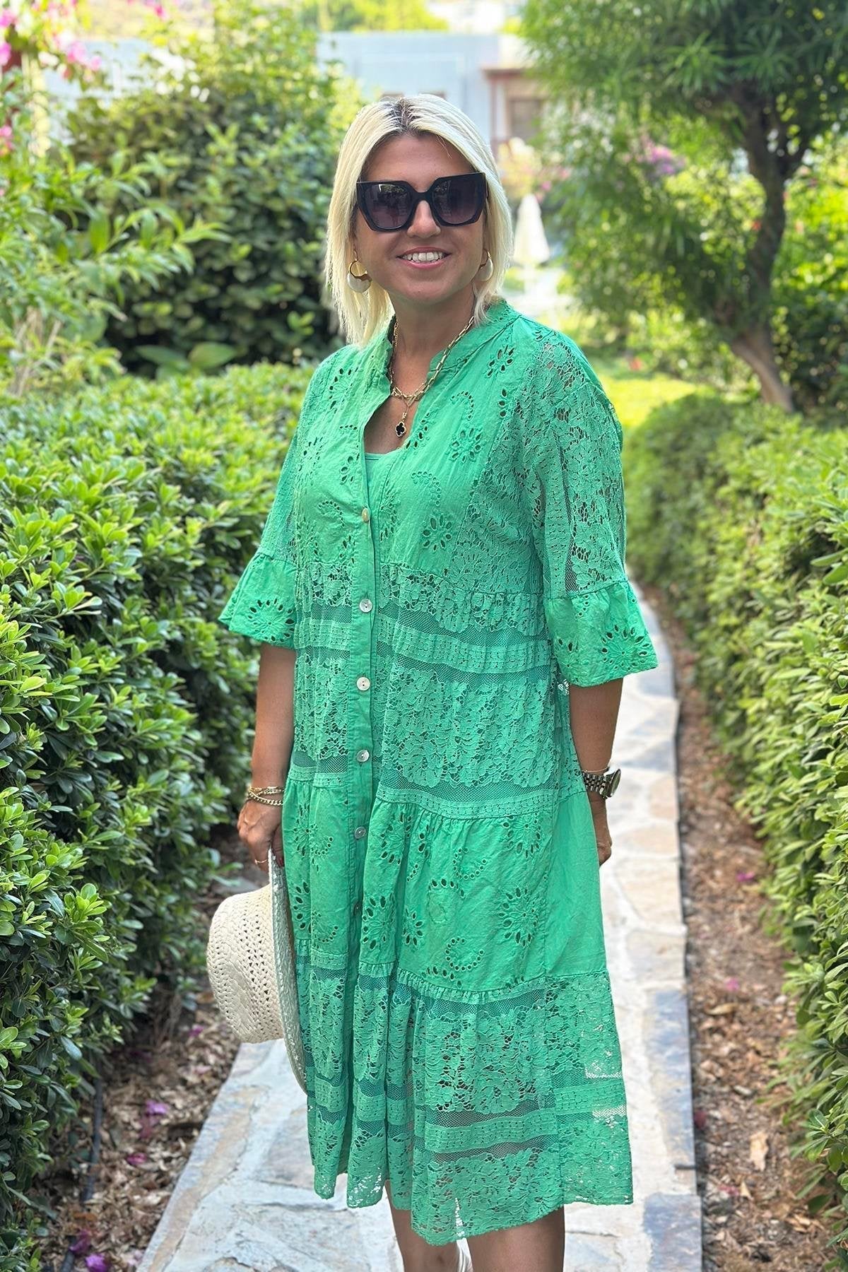 Women's Dress with Three-Quarter Sleeves, Front Buttons, A-Line