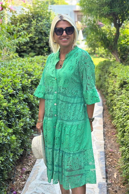 Women's Dress with Three-Quarter Sleeves, Front Buttons, A-Line
