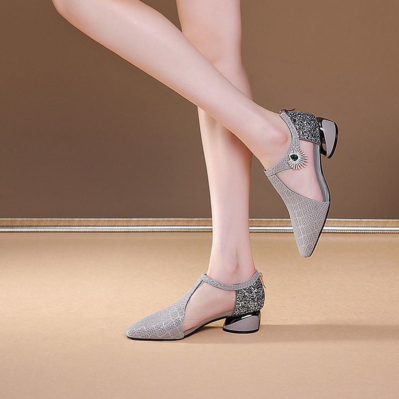 Women's Sandals with Pointed Toe, Mesh Inserts, Rhinestones, and Wide Heel – Elegant Sandals