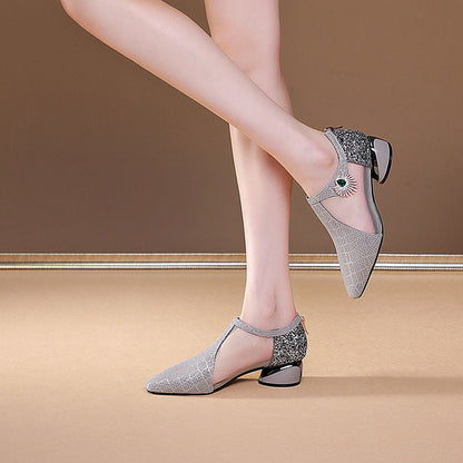 Women's Sandals with Pointed Toe, Mesh Inserts, Rhinestones, and Wide Heel – Elegant Sandals