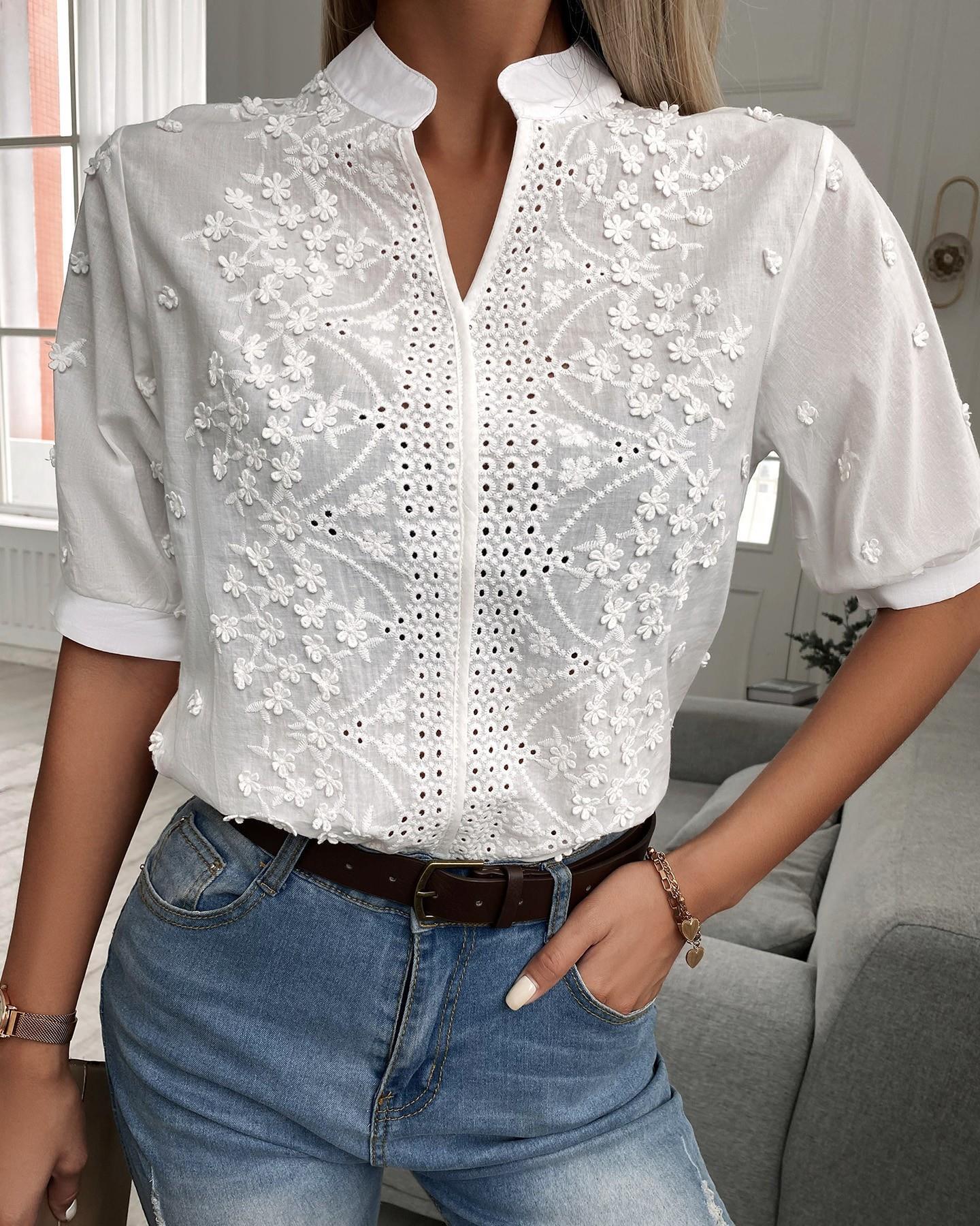 Camisa Blusa de Mujer con Cuello en V y Bordado de Encaje – Efecto Algodón