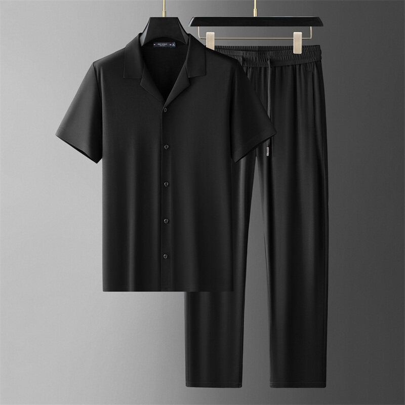 Conjunto de verano para hombre con camisa de manga corta y pantalones a juego – Casual con sensación de seda