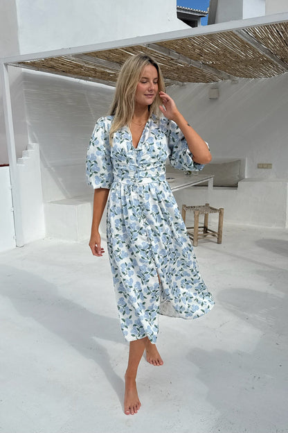 Women's Summer Midi Dress with Hydrangea Print, Long Sleeves, and Front Buttons