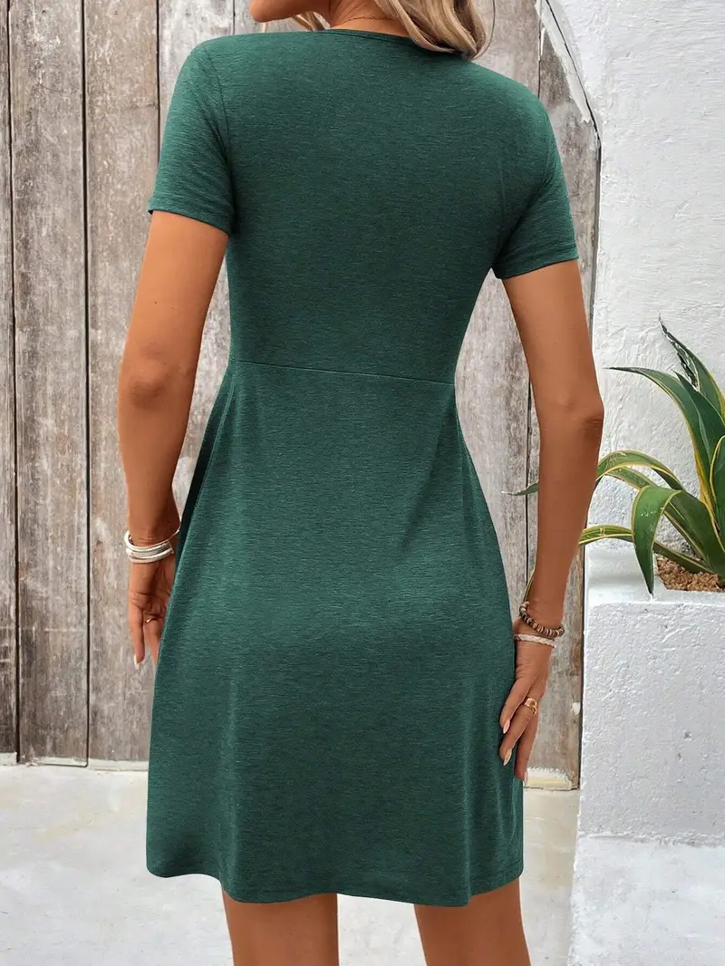 Women's Dress with V-Neck, Short Sleeves, Front Knot, and A-Line Silhouette