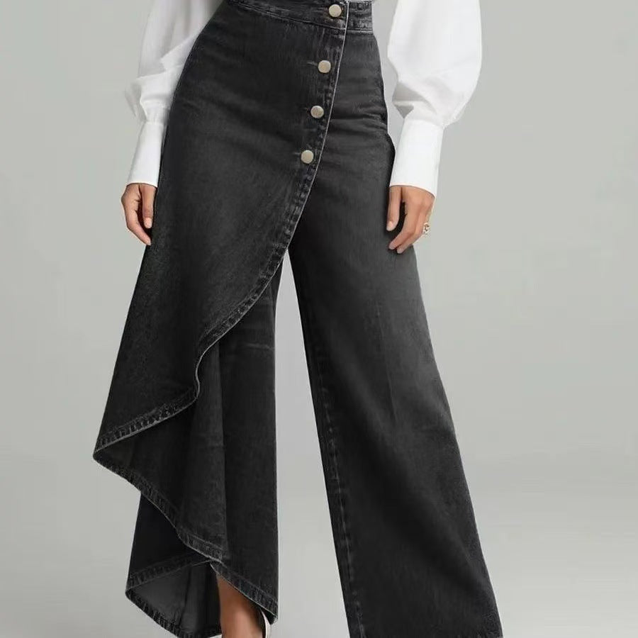 Falda pantalón vaquera de mujer, de denim lavado y cierre de botones