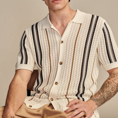 Polo Uomo Estiva a Righe Traforate con Maniche Corte – Stile Britannico Casual