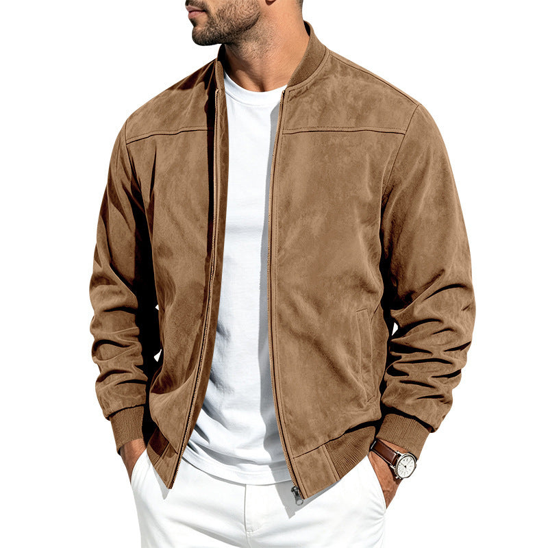 Chaqueta bomber para hombre de estilo ante, con cremallera completa, mangas largas y corte holgado.
