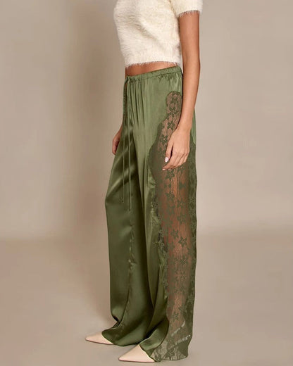 Pantaloni Donna a Vita Alta con Inserti in Pizzo e Gamba Dritta – Stile Elegante Moderno