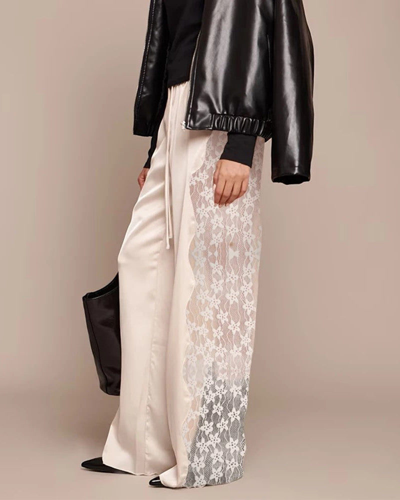 Pantaloni Donna a Vita Alta con Inserti in Pizzo e Gamba Dritta – Stile Elegante Moderno