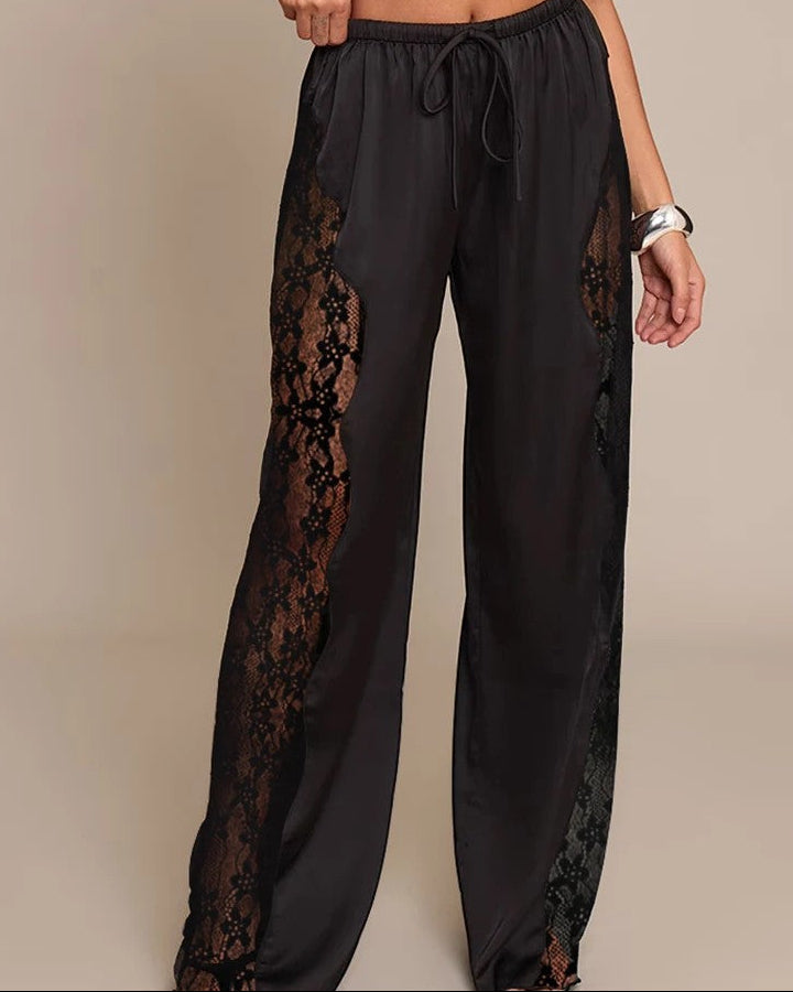 Pantaloni Donna a Vita Alta con Inserti in Pizzo e Gamba Dritta – Stile Elegante Moderno