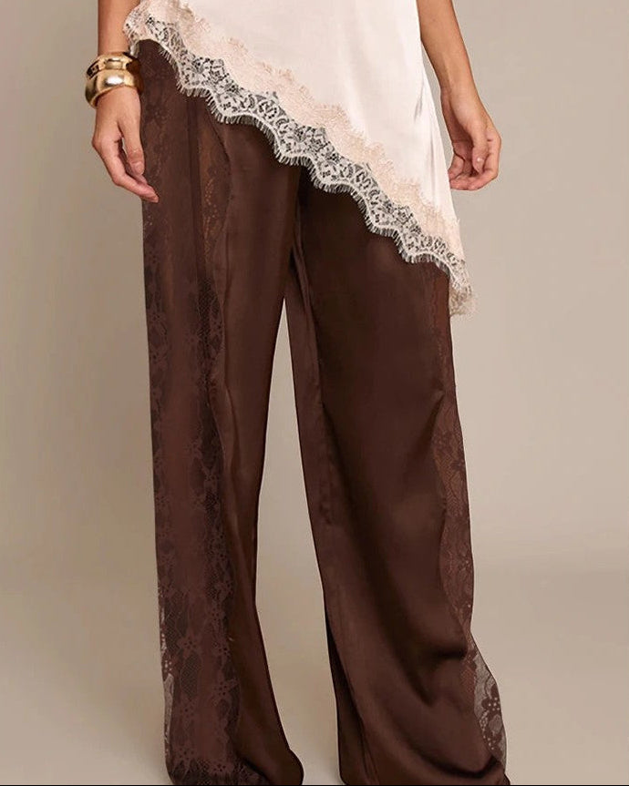 Pantaloni Donna a Vita Alta con Inserti in Pizzo e Gamba Dritta – Stile Elegante Moderno