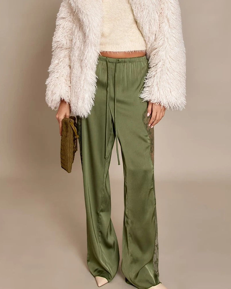Pantaloni Donna a Vita Alta con Inserti in Pizzo e Gamba Dritta – Stile Elegante Moderno
