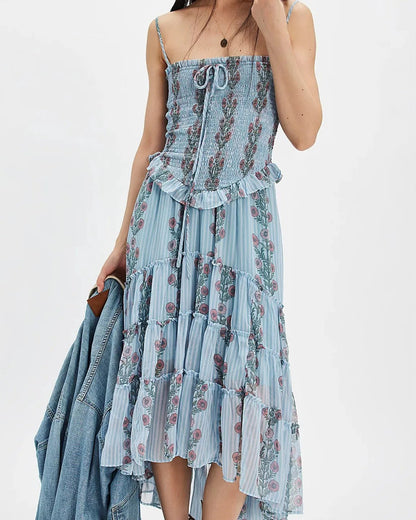 Women's Midi Dress with Floral Print and Adjustable Straps – Elegant Summer Style