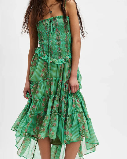 Women's Midi Dress with Floral Print and Adjustable Straps – Elegant Summer Style