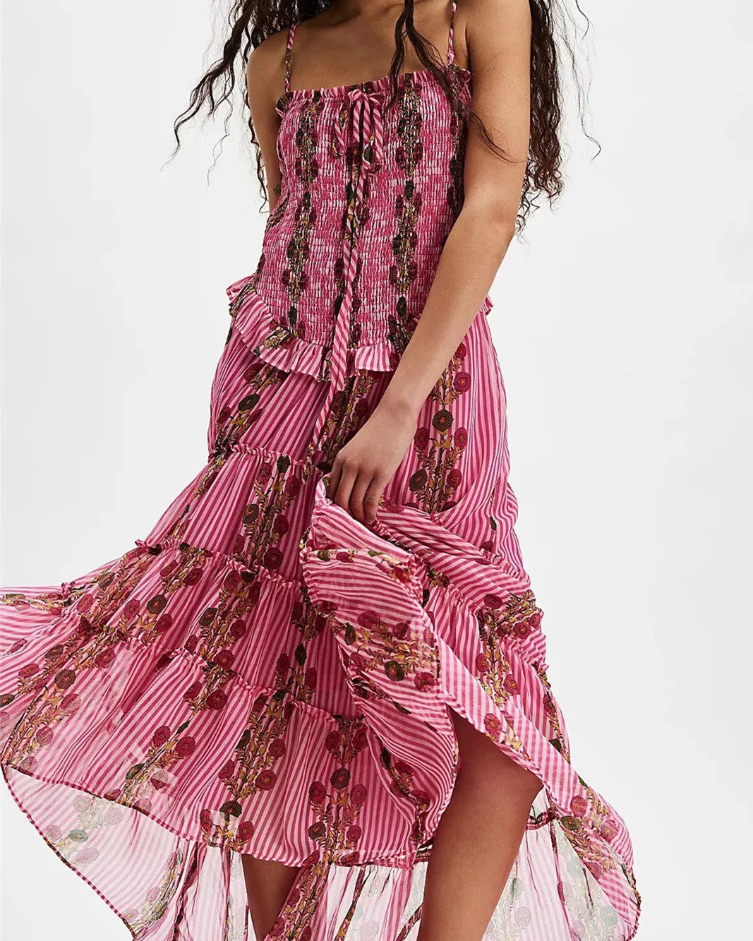 Women's Midi Dress with Floral Print and Adjustable Straps – Elegant Summer Style