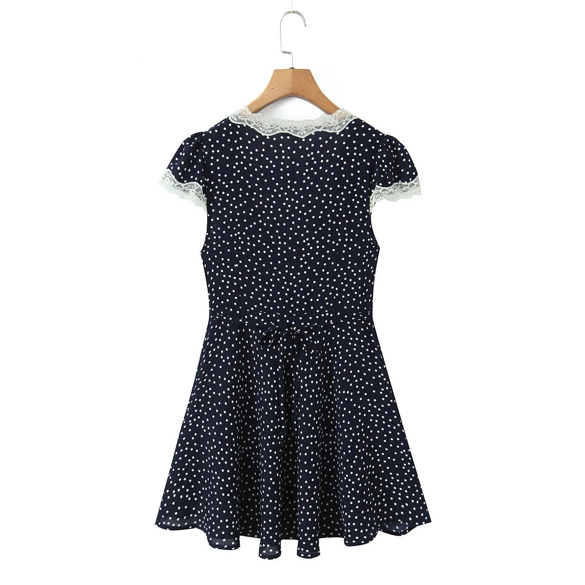 Women's Midi Dress with Polka Dots, V-Neck, and Waist Belt – Elegant Classic