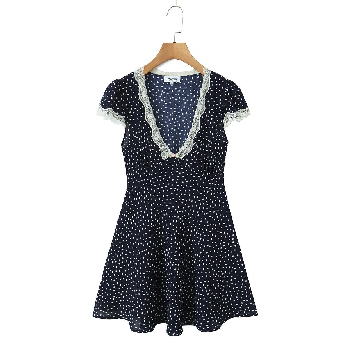 Women's Midi Dress with Polka Dots, V-Neck, and Waist Belt – Elegant Classic