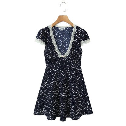 Women's Midi Dress with Polka Dots, V-Neck, and Waist Belt – Elegant Classic