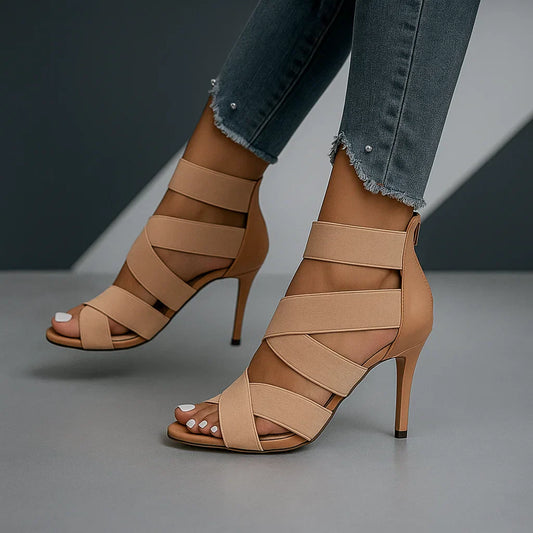 Women's Pumps with Stiletto Heel, Crossed Elastic Straps, and Back Zipper
