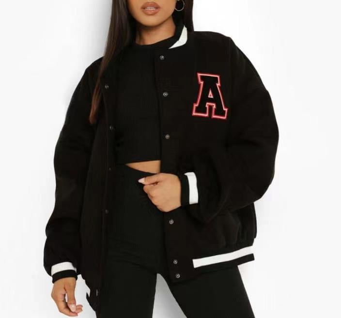 Women's Baseball Style Jacket with Letter Print and Button Closure