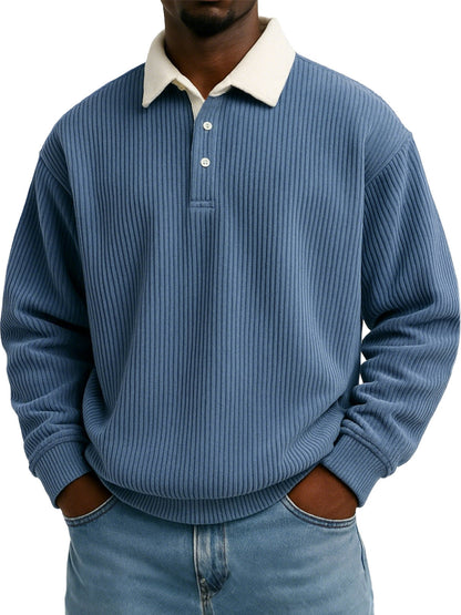 Camisa de hombre de pana retro color block con estampado de rayas y manga larga