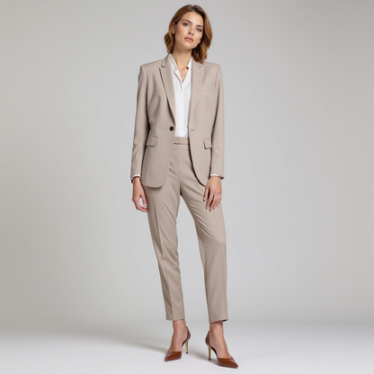 Donna in abito elegante beige, camicia bianca e tacchi marroni. Moda femminile, abbigliamento formale, stile professionale. Sfondo neutro.