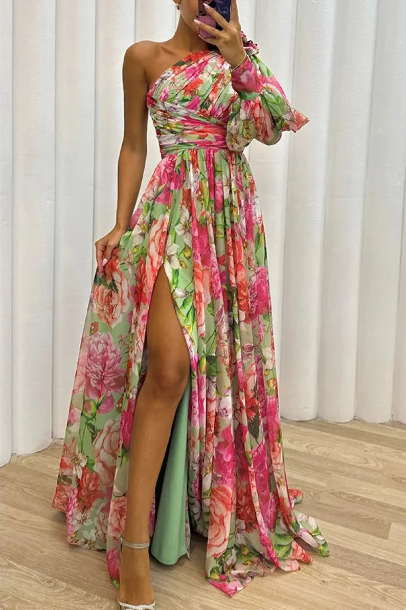 Maxi sommerkjole til kvinder med én skulder, lange ærmer, blomsterprint og slids
