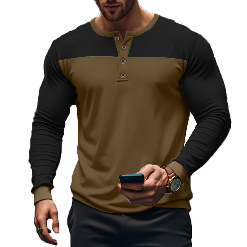 Men's Long Sleeve Henley Shirt with Color Block Design