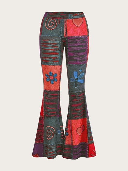 Pantalones de mujer bootcut estampados con motivo abstracto y cintura media