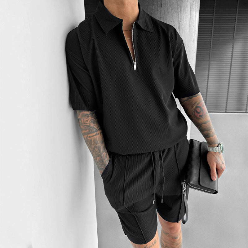Men's Two-Piece Set with Zip Polo and Shorts – Casual Sporty Style