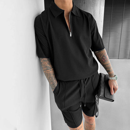 Men's Two-Piece Set with Zip Polo and Shorts – Casual Sporty Style