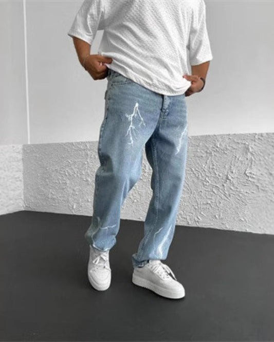 Herre forårsjeans med bredt og lige ben og tryk
