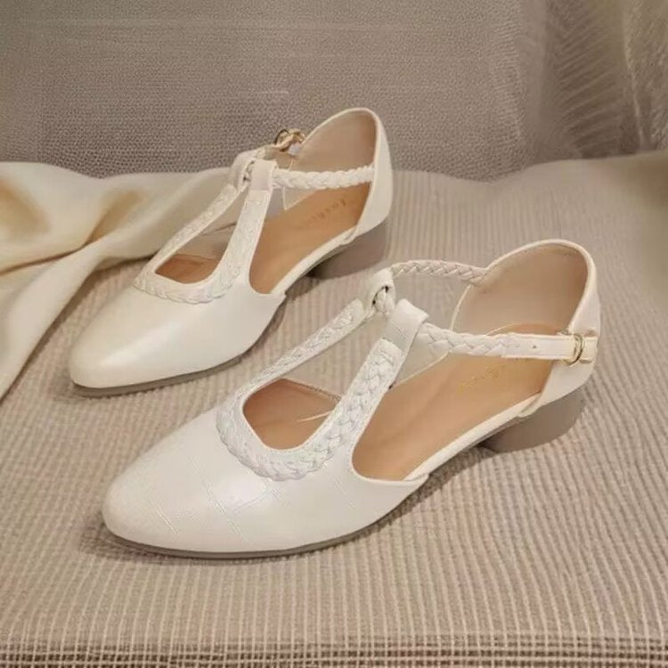 Women's Pointed Toe Shoes with Crisscross Straps, Buckle, and Low Heel – Elegant Shoes