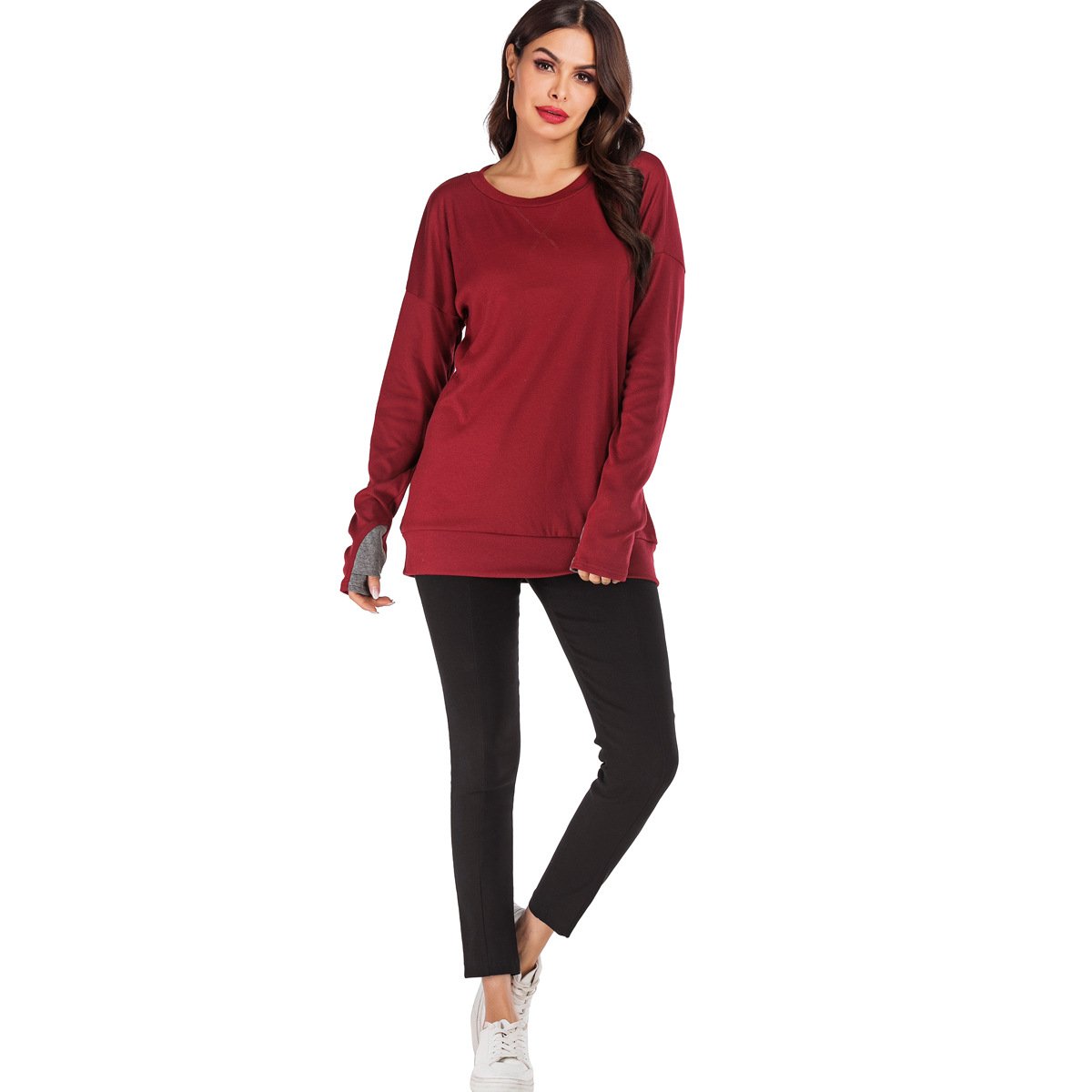 Jersey de mujer de manga larga con cuello redondo, ajuste holgado y color liso