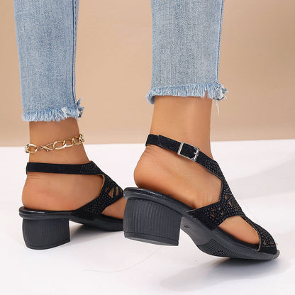 Women's Sandals with Wide Heel, Open Toe, Rhinestones, and Buckle – Elegant Sandals