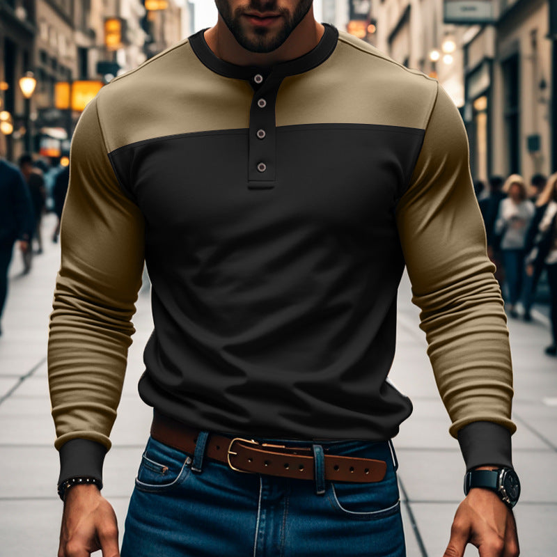 Men's Long Sleeve Henley Shirt with Color Block Design