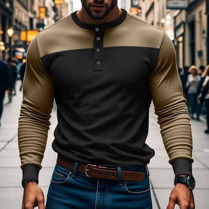 Men's Long Sleeve Henley Shirt with Color Block Design