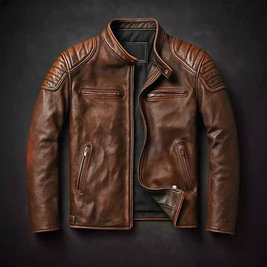 Men's Faux Leather Jacket with Reinforced Shoulders and Motorcycle Zip Details